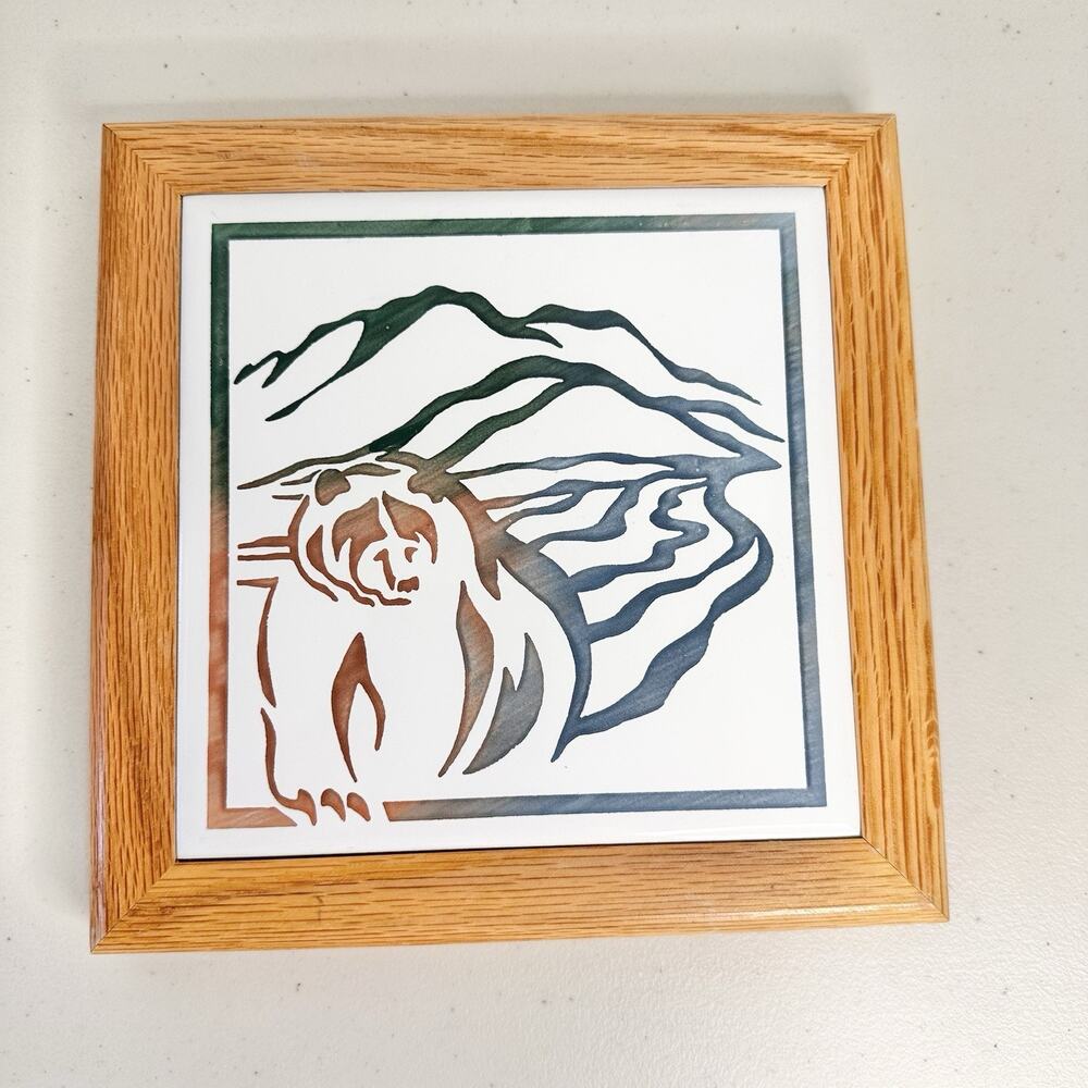 Connie Englebrecht Alaskan Sand Carved Framed Art Tile Bear Signed